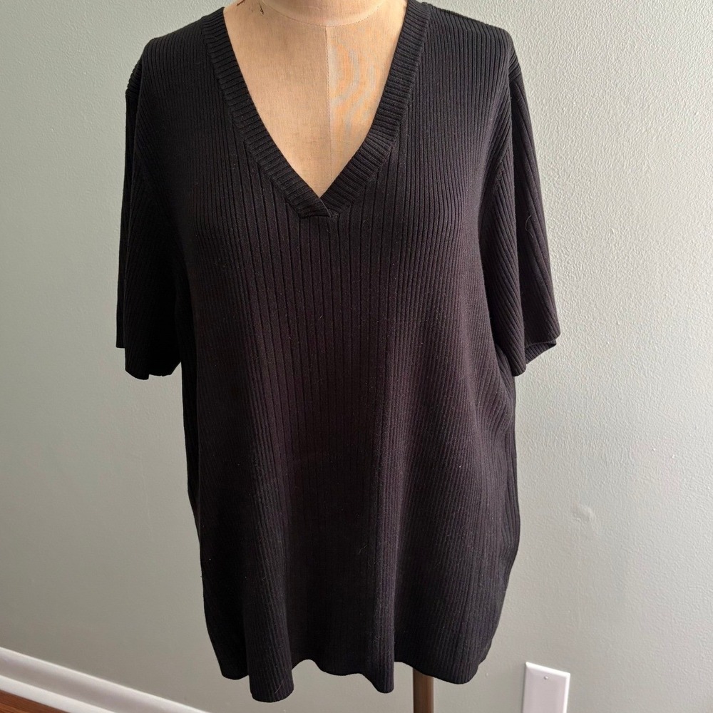 Y2K Womens Plus Black Ribbed Knit V-Neck Short Sleeve Top Pullover